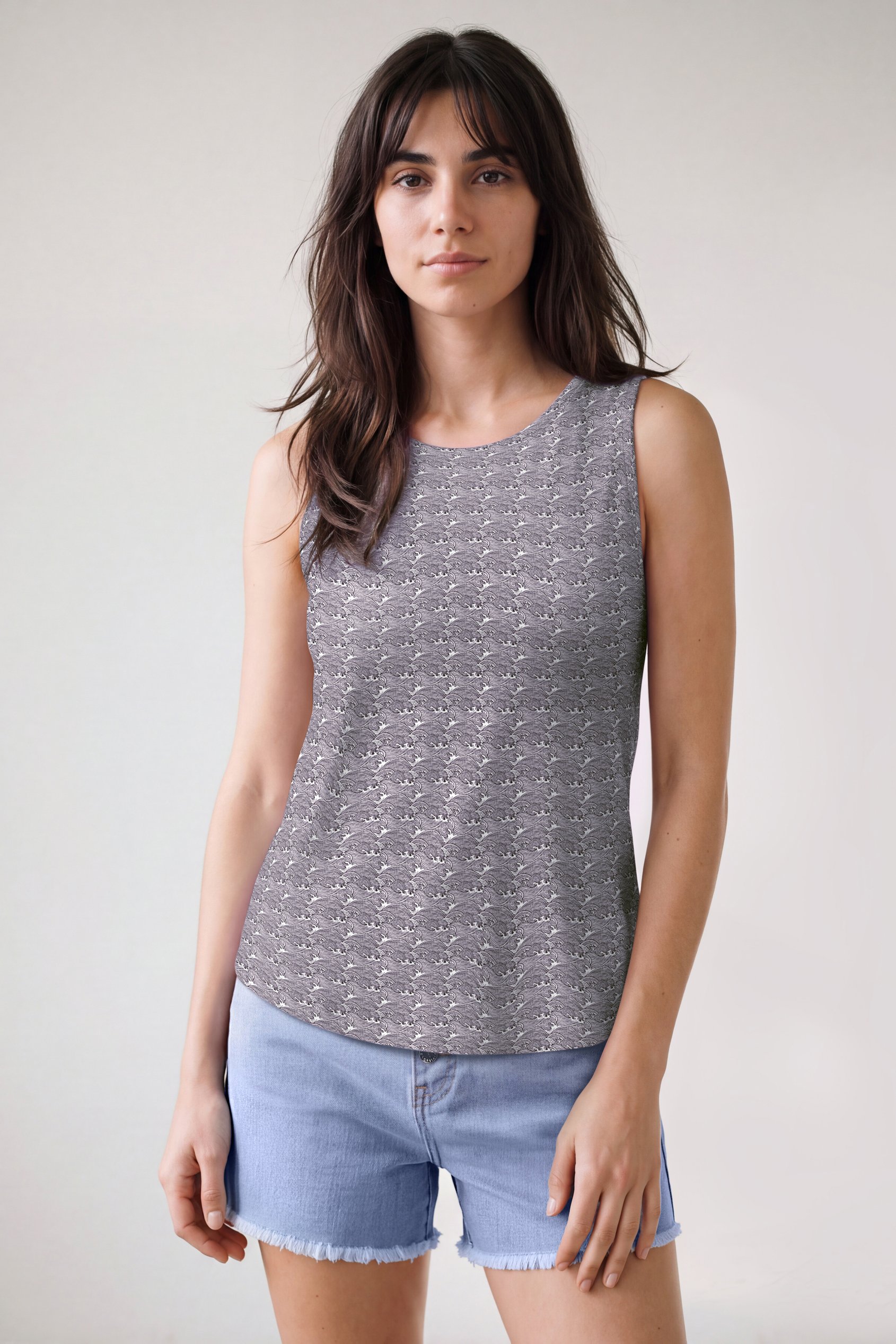 Enorsia Women's Grey Wave Printed Vest Tank Top - Uk 12