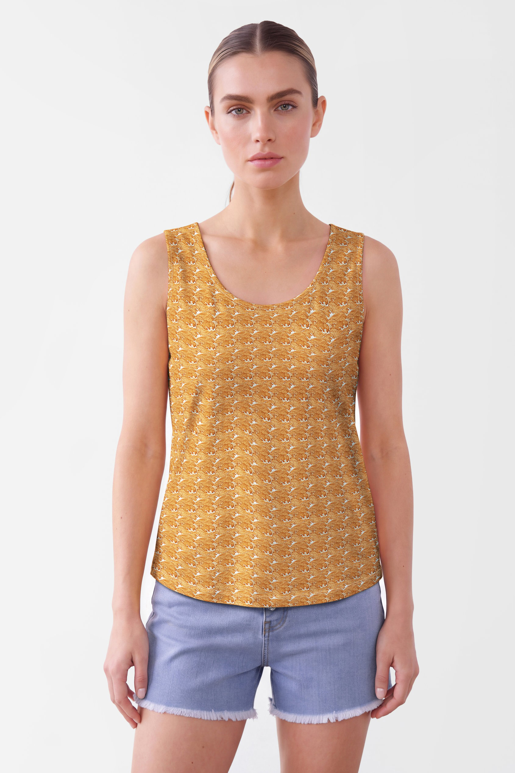 Enorsia Women's Orange Wave Printed Vest Tank Top - Uk 12