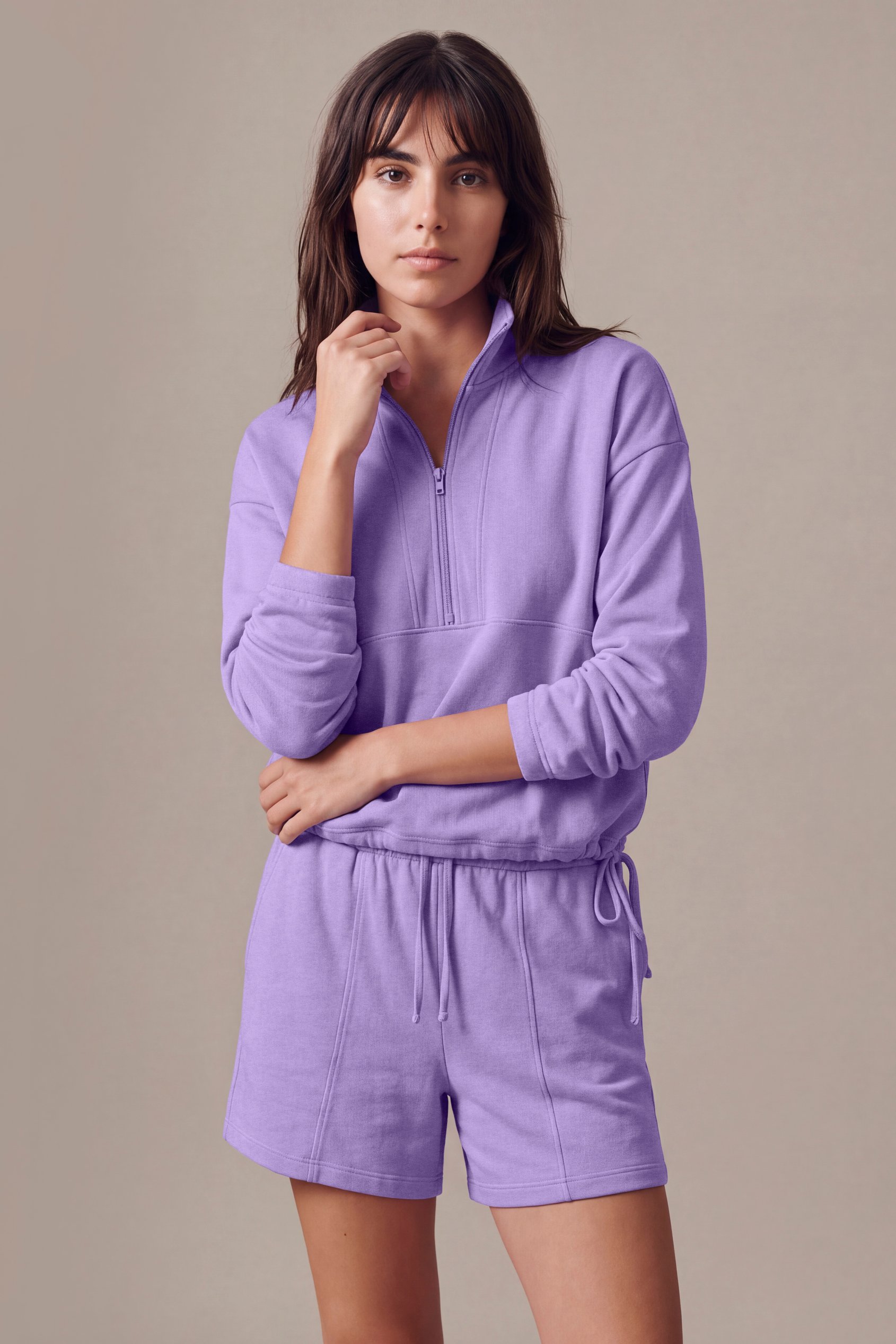 Enorsia Women's Purple Quarter Zip Relaxed Sweatshirt And Short Set - Uk 12