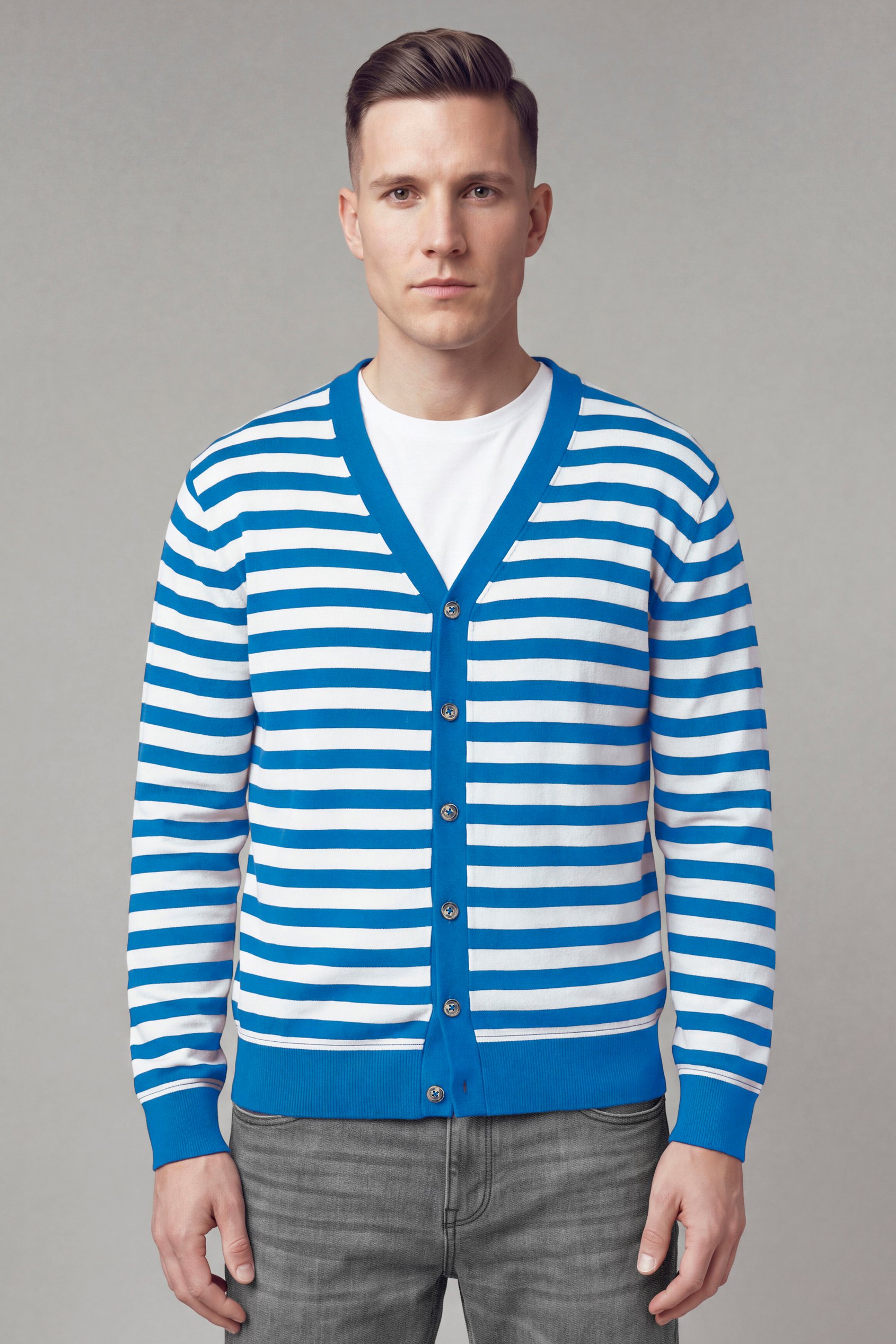 Enorsia Men's Blue Striped V-Neck Jersey Cardigan - Uk M