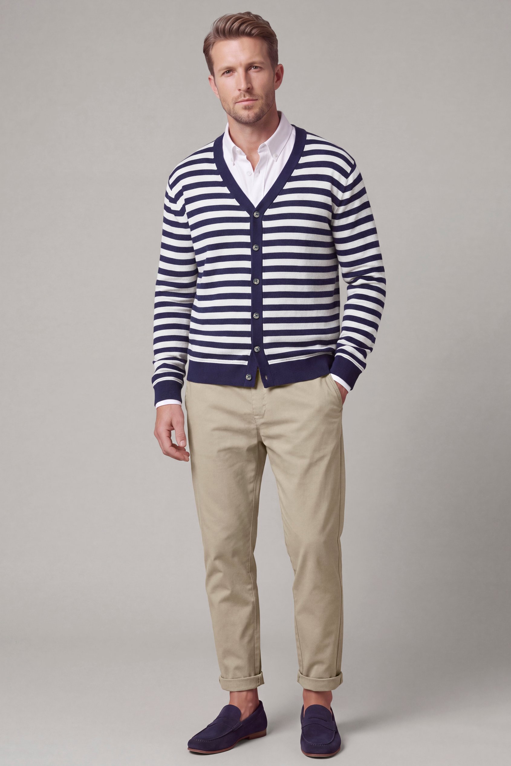 Men's Striped V-Neck Jersey Cardigan