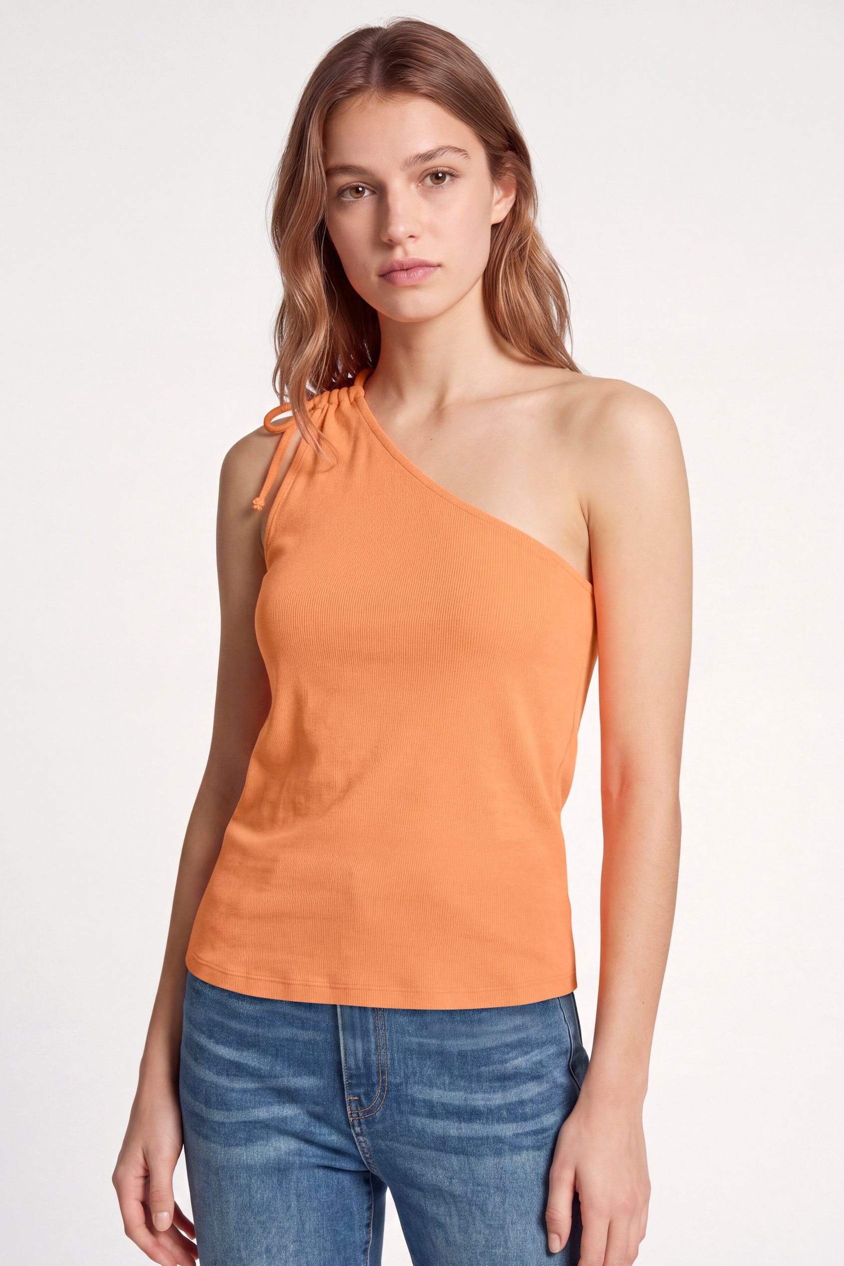 Enorsia Women's Orange Ribbed One Shoulder Tops - Uk 14