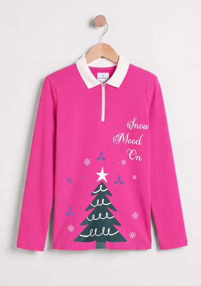 Festive Quarter-Zip Contrast-Collar Top