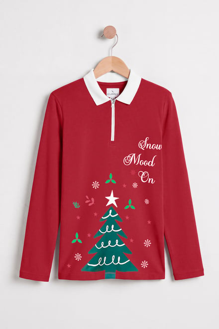Festive Quarter-Zip Contrast-Collar Top