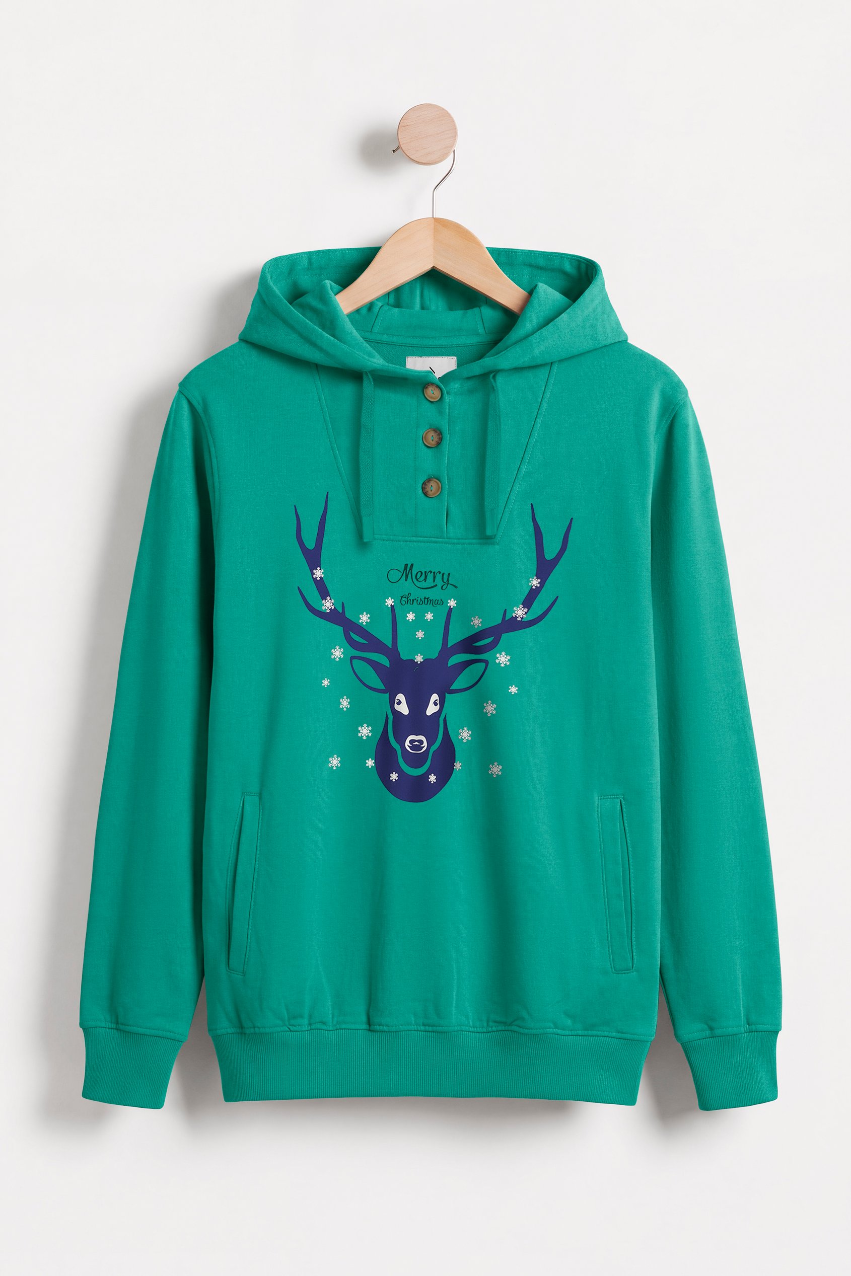 Enorsia Women's Green Festive Reindeer Hoodie - 10 - 87% Cotton, 13% Elastane - Image 2