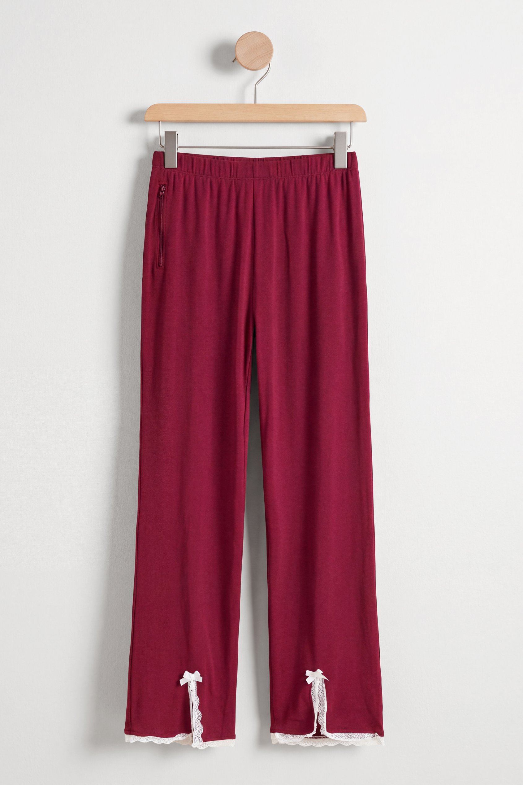 Enorsia Women's Burgundy Lace-Hem Christmas Slim-Fit Trousers - Uk 8