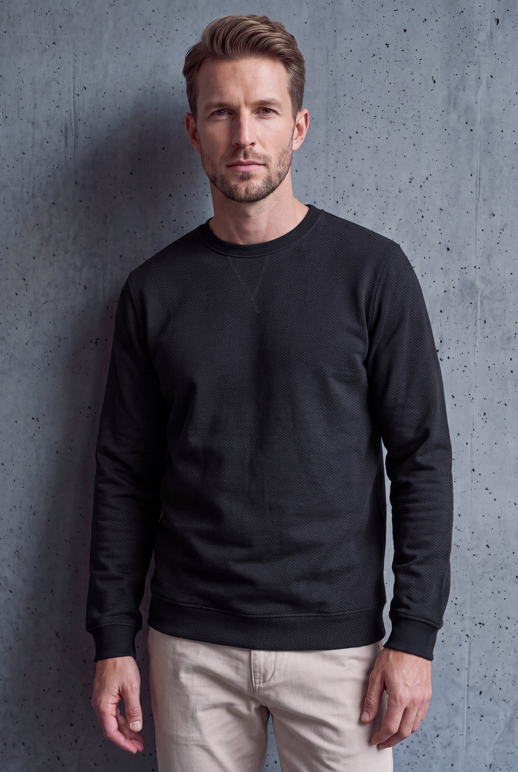 Enorsia Men's Black Heavyweight Jacquard Ribbed Sweatshirt - Uk M