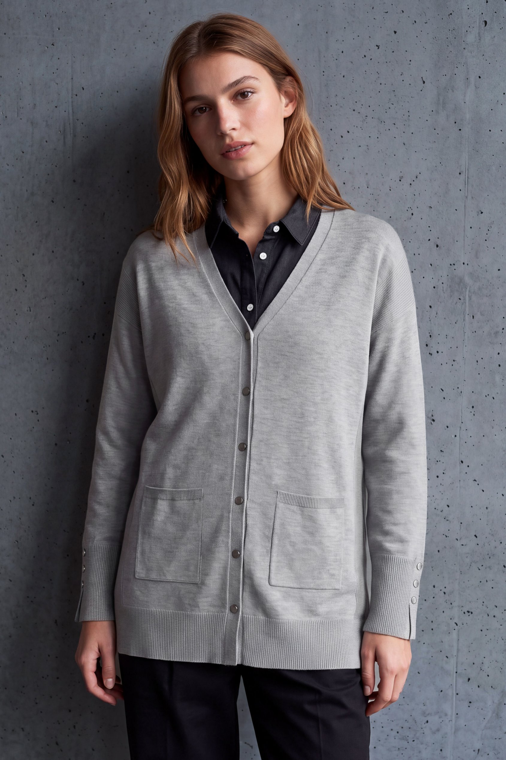 Enorsia Women's Grey Knitted V-Neck Longline Cardigan - Uk S