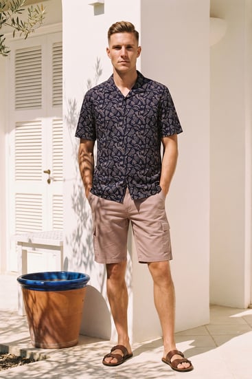 Navy Pencilled Revere Collar Short Sleeve Shirt