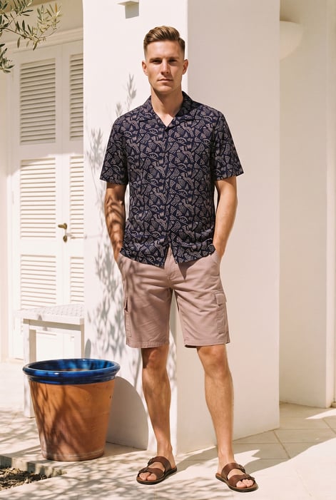 Navy Pencilled Revere Collar Short Sleeve Shirt