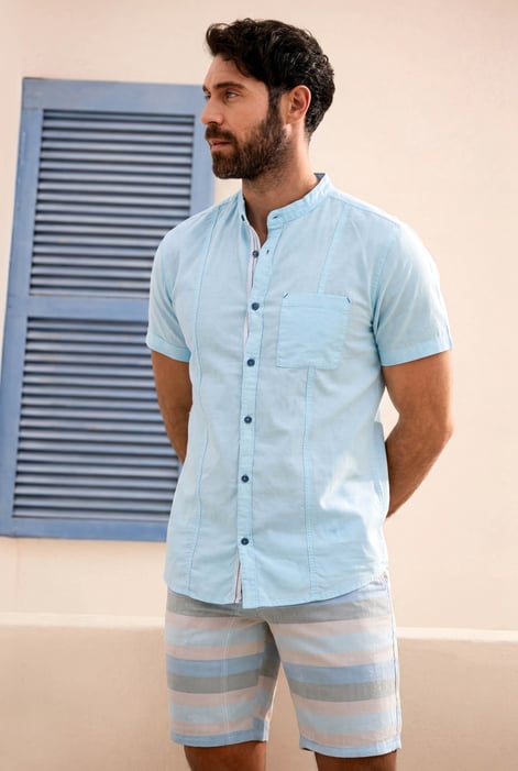Sky Blue Cotton Linen Grandad Collar Shirt
