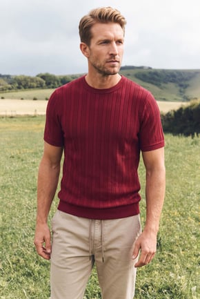 Red Ribbed Short Sleeve T-Shirt (MS341269)