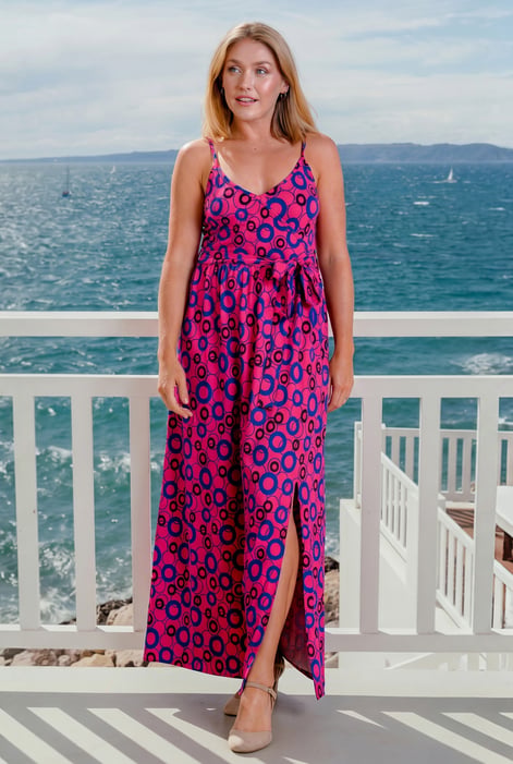 Pink Geo Printed Jersey Wrap Front Maxi Dress