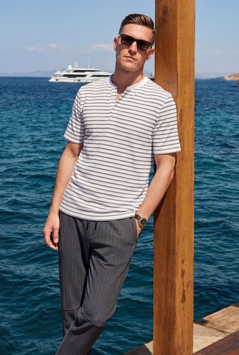 White Loose Fit Stripe Print Henley T-shirt