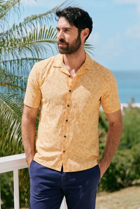 Light Orange Pencilled Revere Collar Short Sleeve Shirt