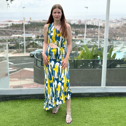 White Brush Print One-Shoulder Ruffled Cutout Dress
