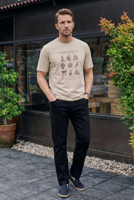 Men's Beige Regular Fit Graphic Print T-Shirts