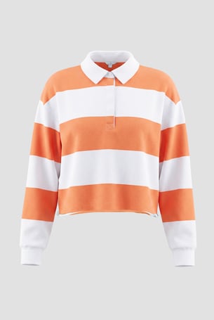 Orange Raw Edge Hem Crop Striped Poloshirt YD