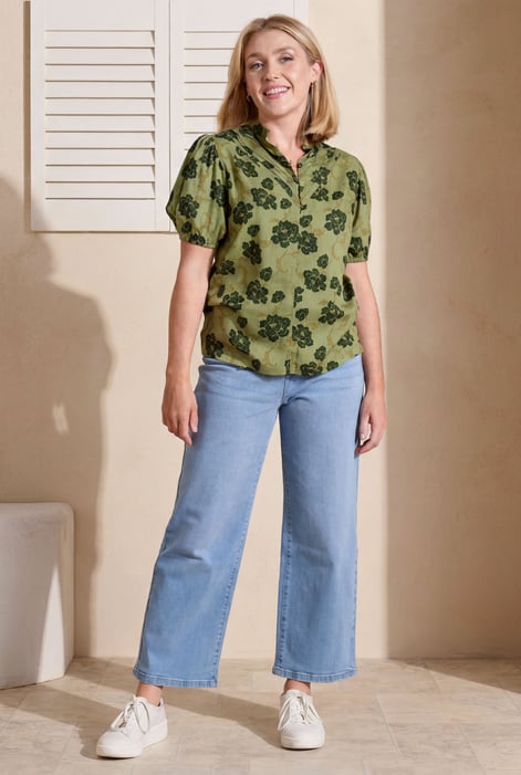 Green Floral Print Short Sleeve Tops