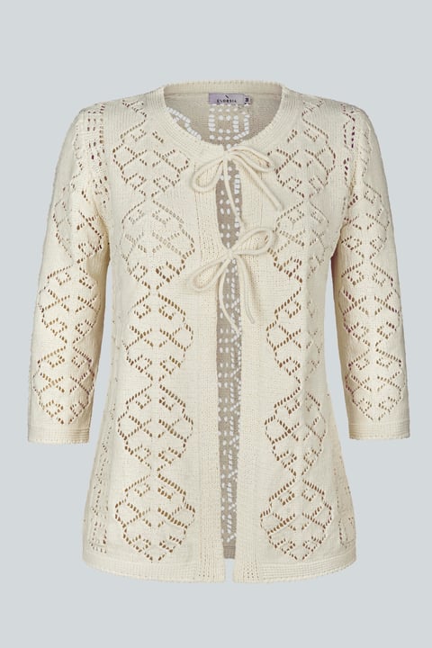 Women's Ecru Crochet Front Tie Knit Cardigan