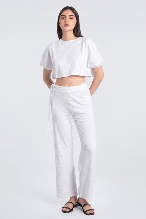 White Wide Trouser And Crop Blouson Sleeve Top Set