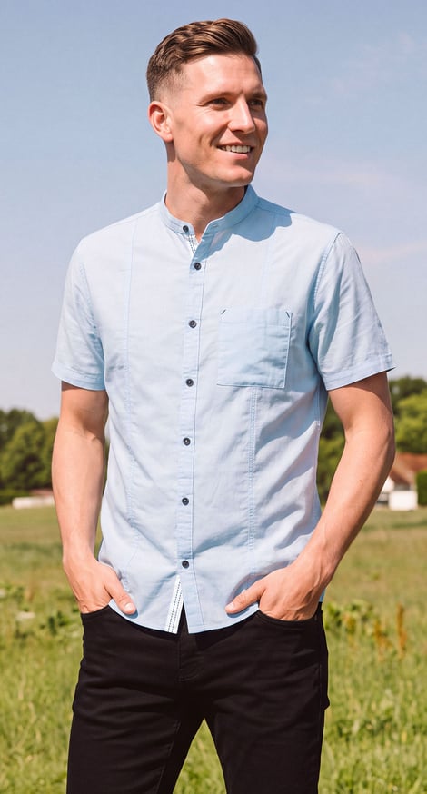 Men's Sky Blue Regular Fit Cotton Linen Grandad Collar Shirt | Enorsia (MS41252921)