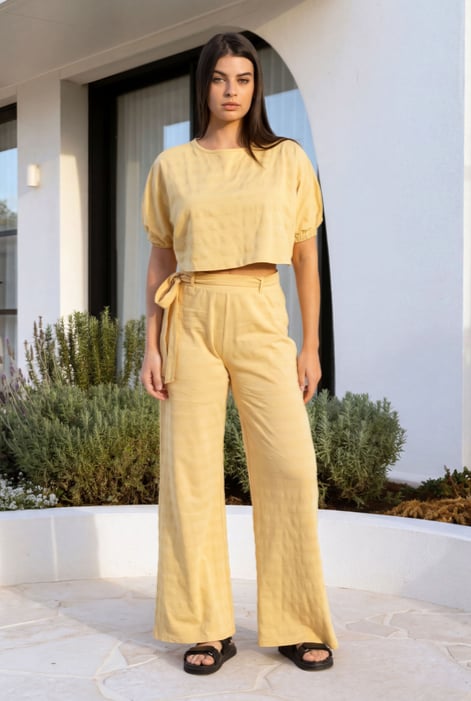 Yellow Wide Trouser And Crop Blouson Sleeve Top Set