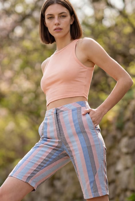 Multicoloured Striped Herringbone Texured Mid-Length Shorts