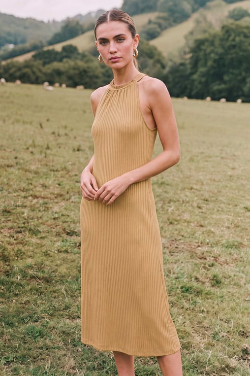 Yellow Halter Neck Dress with Criss-Cross Back (WS324224)