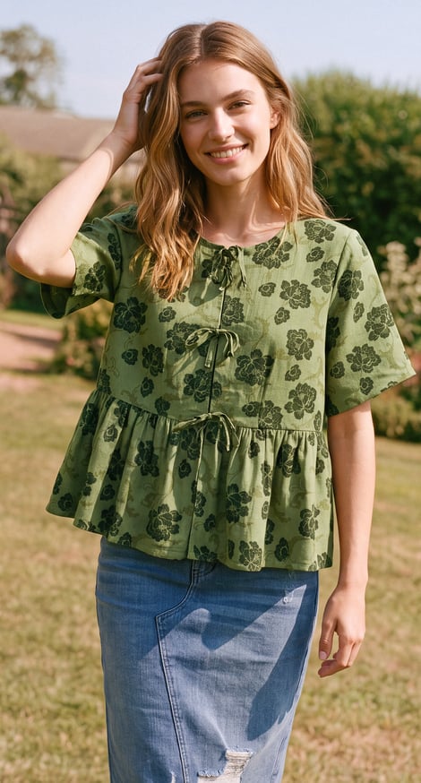 Women's Green Tie Front Floral Short Sleeve Blouse (WS41032908)
